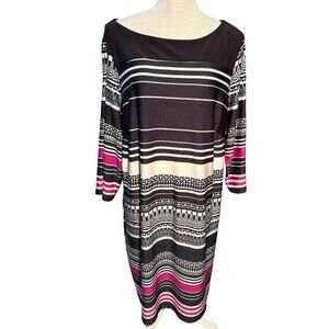 Emma & Michele 2X Geometric Print Stretch Knit Shift Dress Black Pink Plus